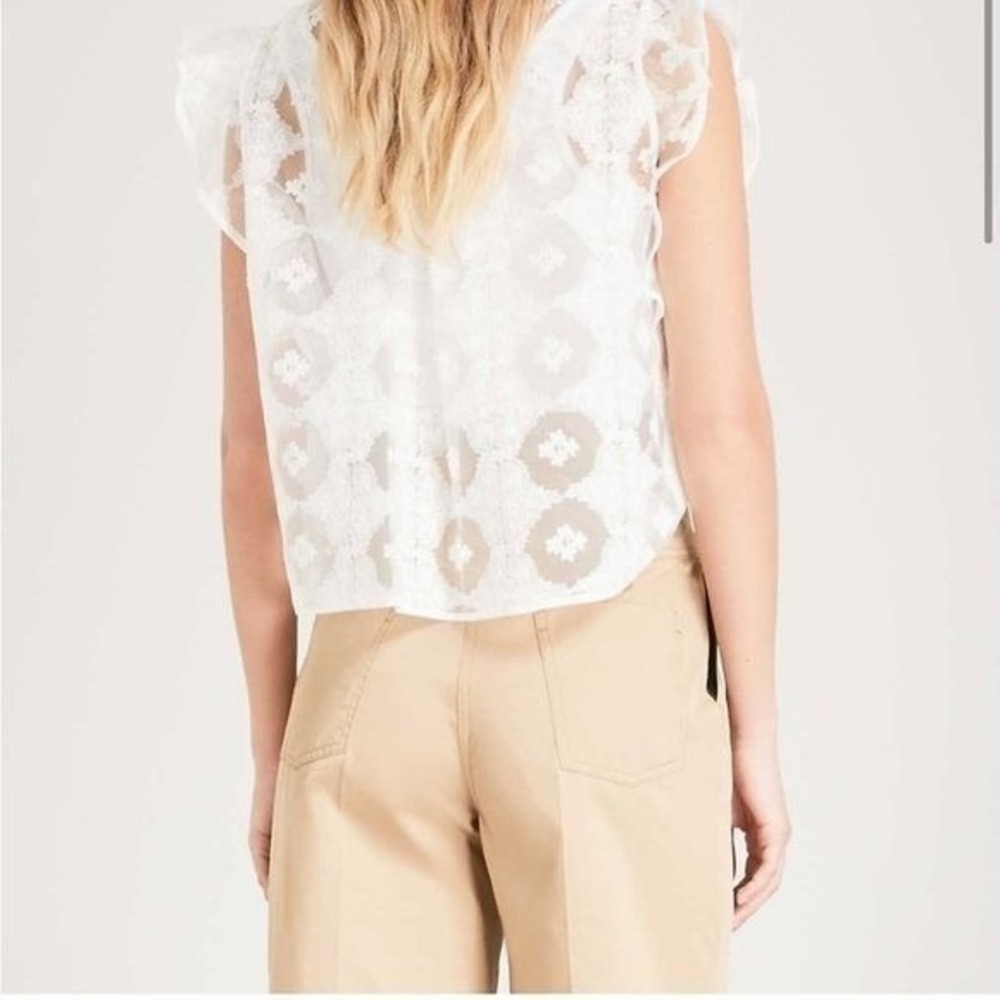 Sandro Floral Victoria Embroidered Lace Top White Floral Ruffle Sheer Sz 3 US L - Picture 8 of 8